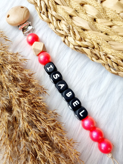 Speenkoord met naam glossy felroze