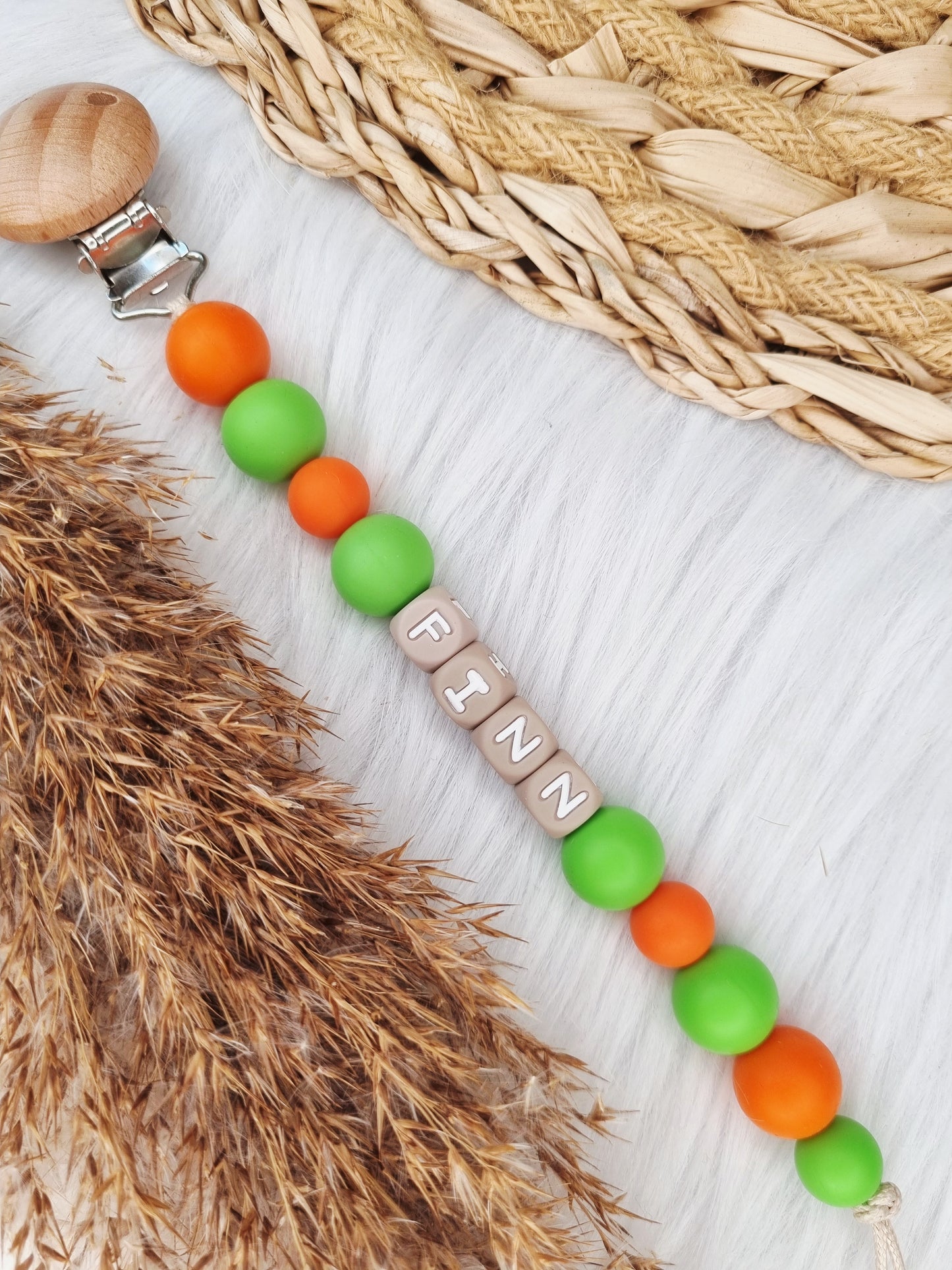 Speenkoord met naam - Colorblocking groen,oranje