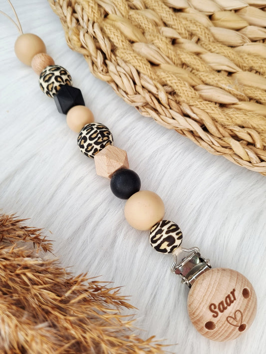 speenkoord gegraveerd leopard-zand-zwart