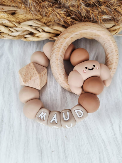 Bijtring met naam - Croissant mokka, peach brons