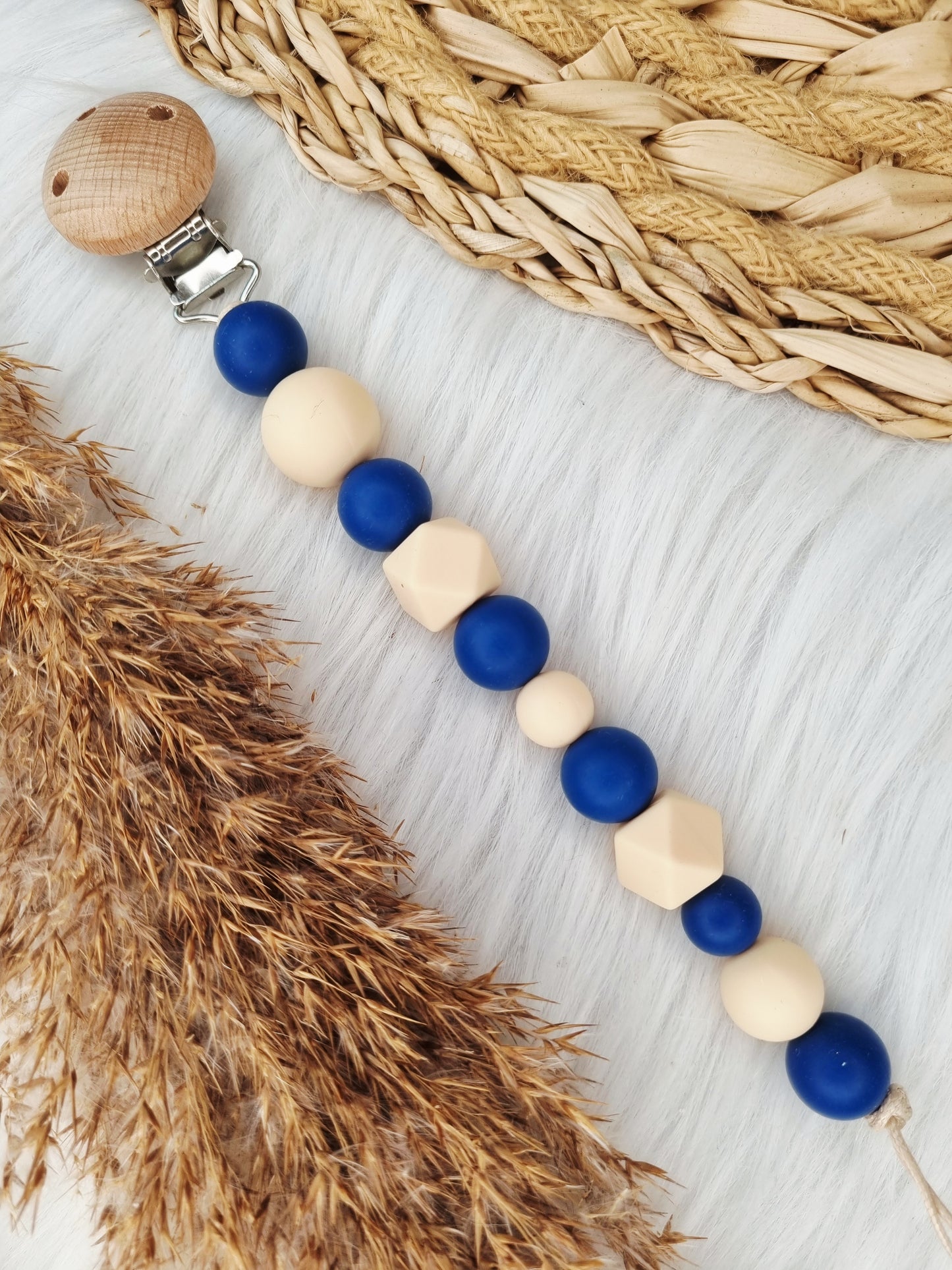 Speenkoord met naam - Colorblocking marine,vanille