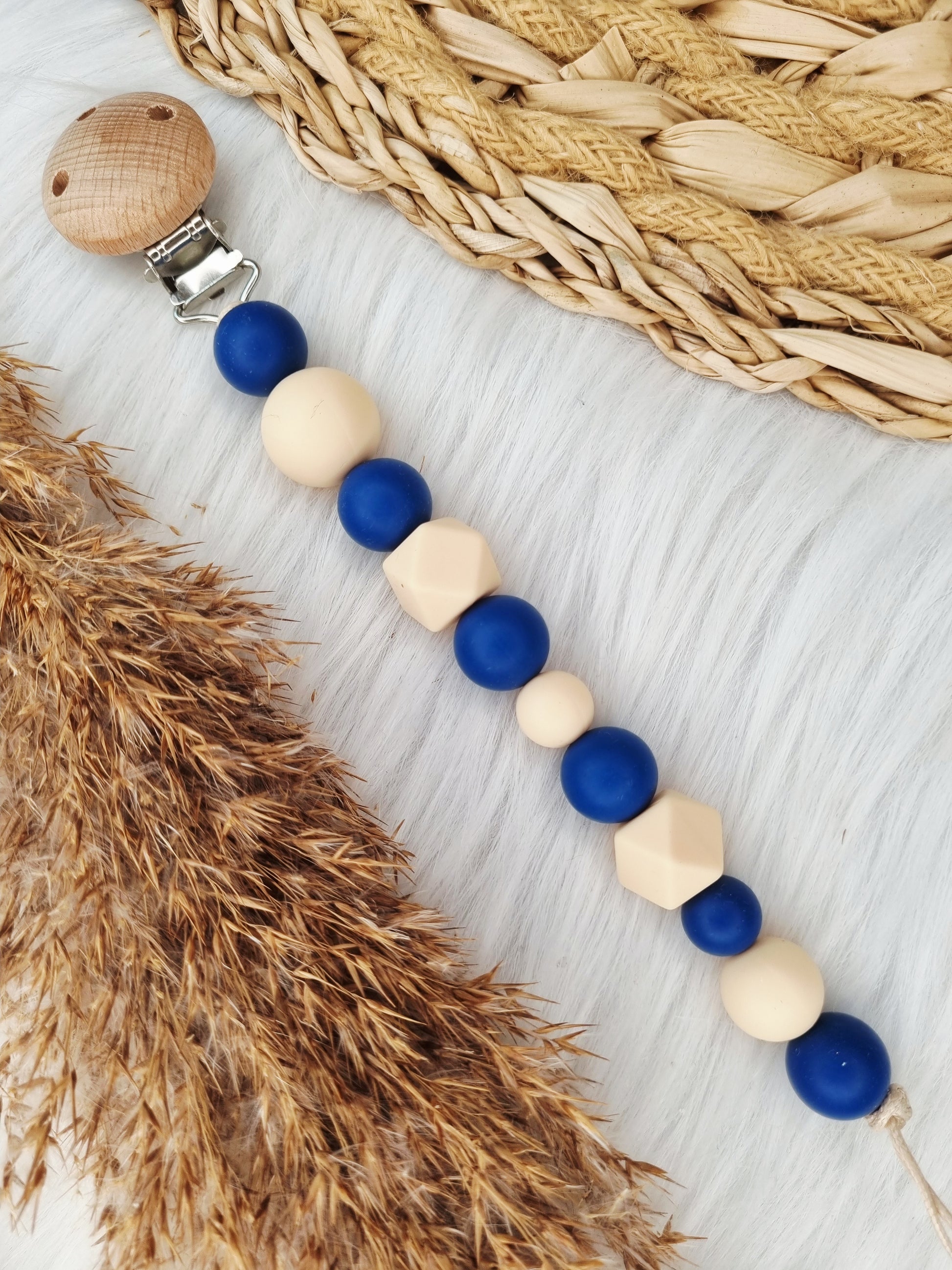 Speenkoord met naam - Colorblocking marine,vanille
