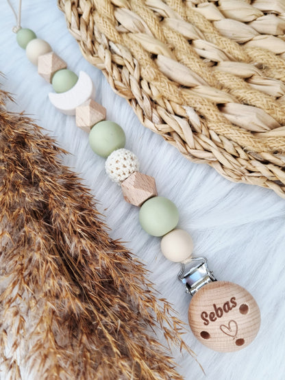 Speenkoord gegraveerd maan off-white, sage, beige