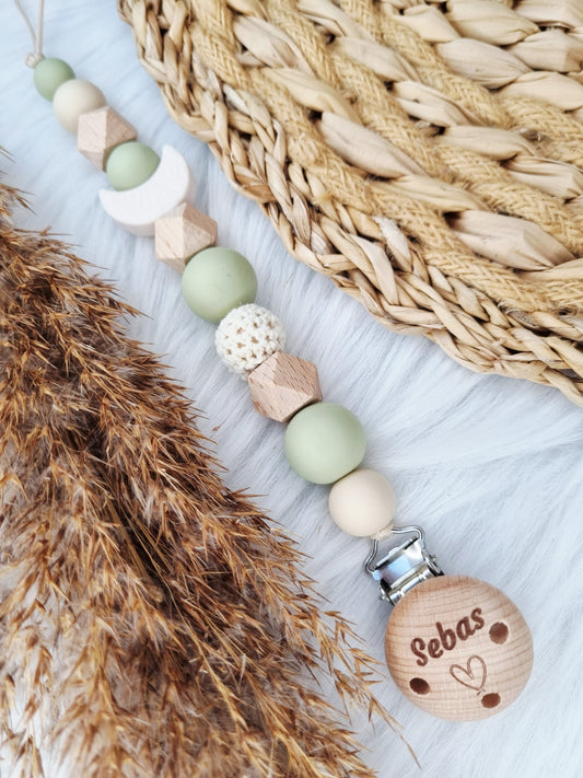 Speenkoord gegraveerd maan off-white, sage, beige