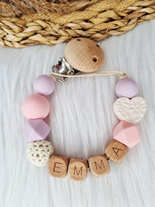 Speenkoord met naam - Hart off-white, babypink, lila