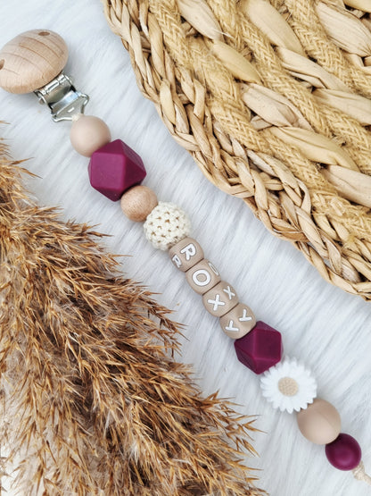 Speenkoord met naam en figuurtje (Jouw eigen ontwerp) aubergine, mokka