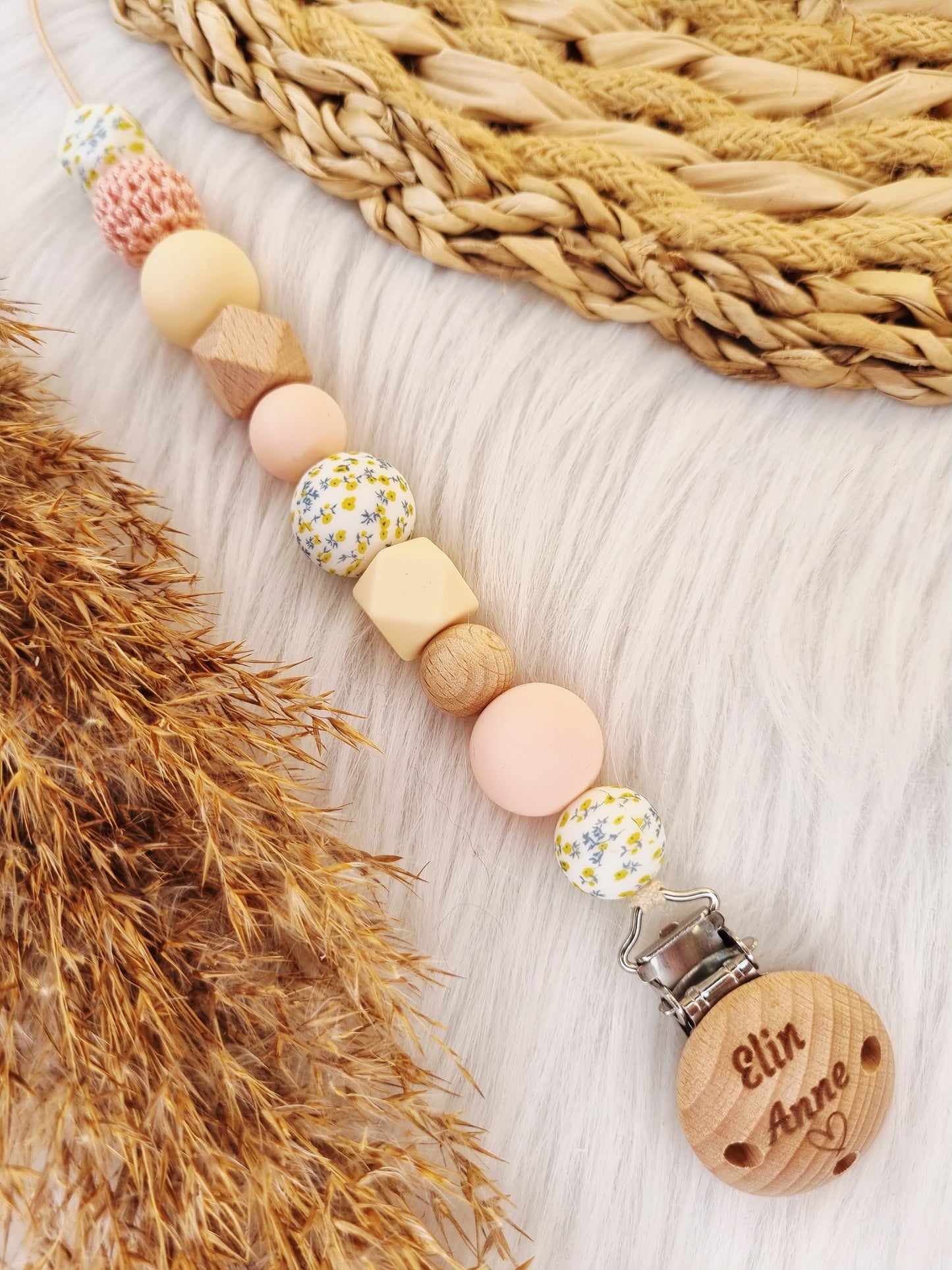 Speenkoord gegraveerd bloem, lightpink, vanille