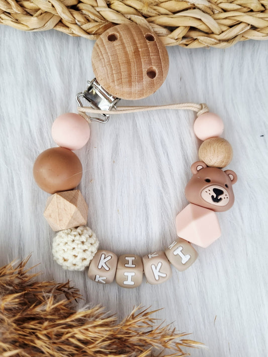 Speenkoord met naam Beer, peach brons, lightpink