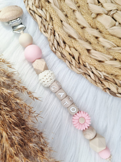 Speenkoord met naam -  Daisy babypink, beige