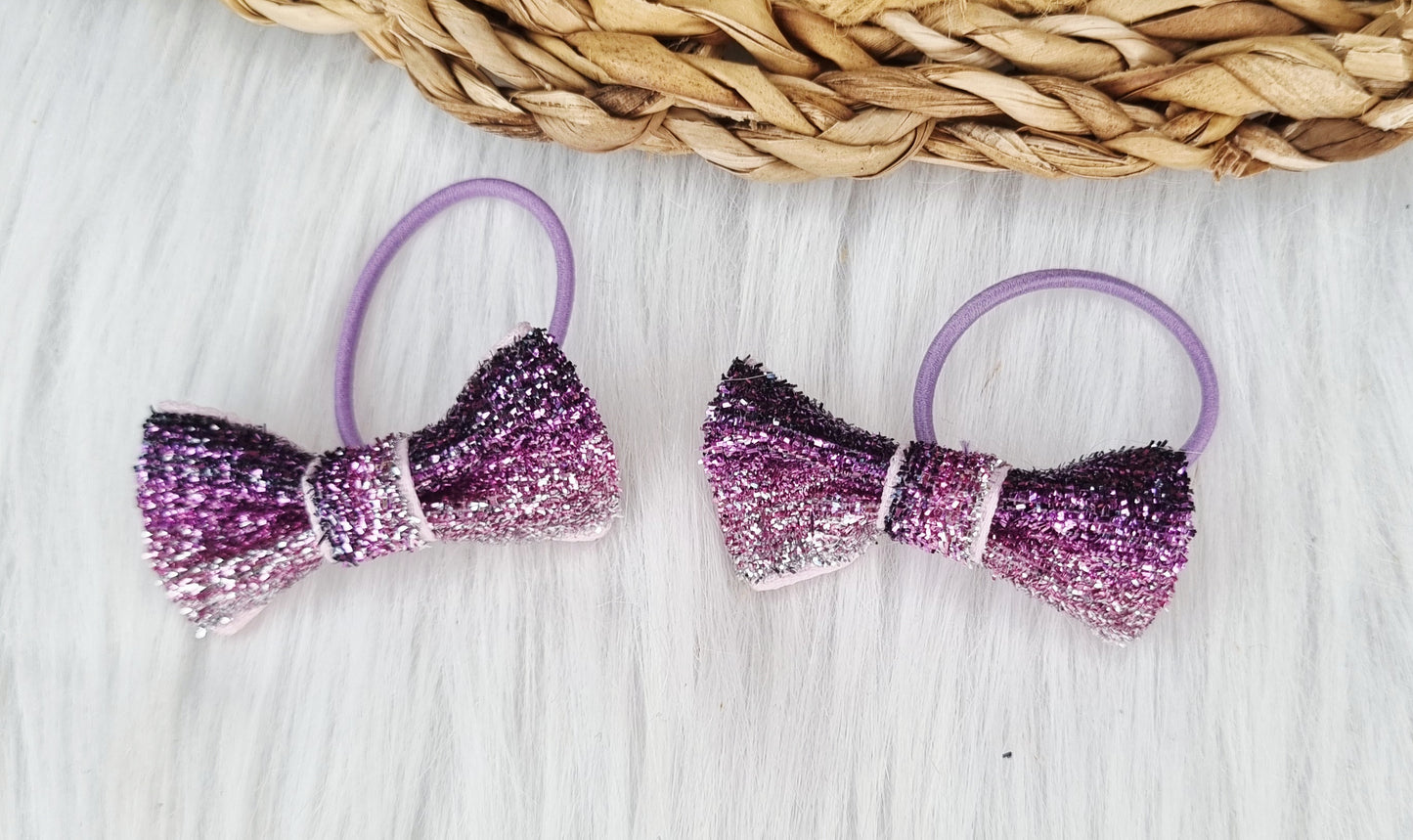 Haarelastiekje strik Glitter (lint)  2 stuks paars streep